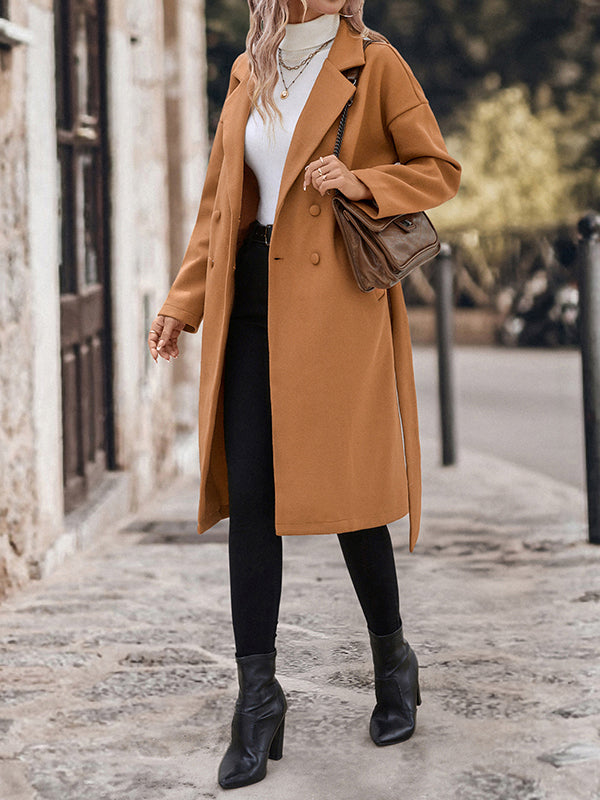 Long Sleeves Loose Buttoned Solid Color Split-Joint Tied Waist Notched Collar Woolen Coat