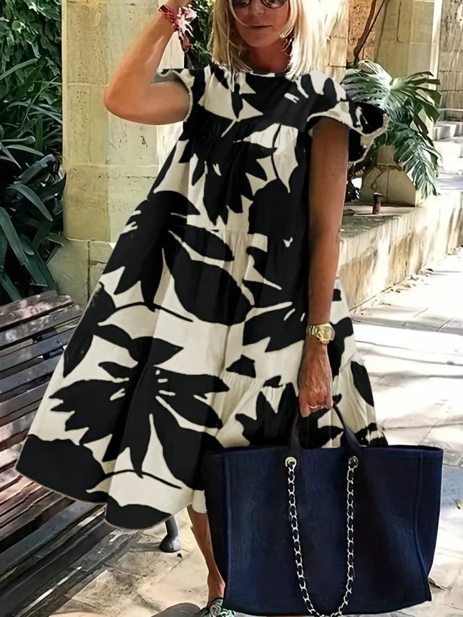 Loose Ruffle Sleeves Flower Print Pleated Round-Neck Midi Dresses