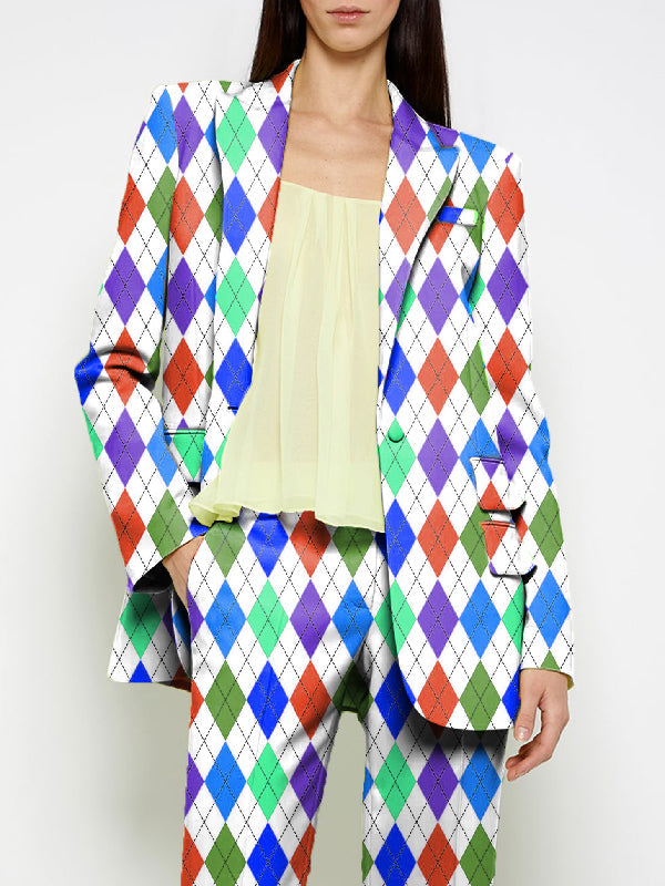 Long Sleeves Loose Buttoned Pockets Printed Shoulder Pad Notched Collar Blazer Jackets&Coats Outerwear