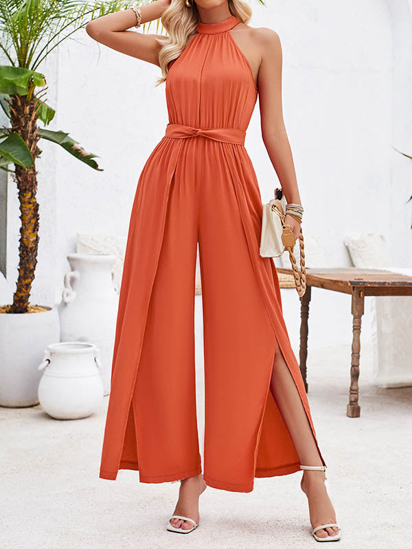 High Waisted Loose Pleated Solid Color Split-Front Tied Waist Halter-Neck Jumpsuits