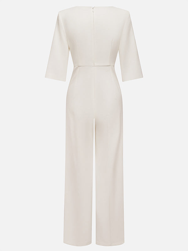 Loose Solid Color Split-Joint Round-Neck Jumpsuits