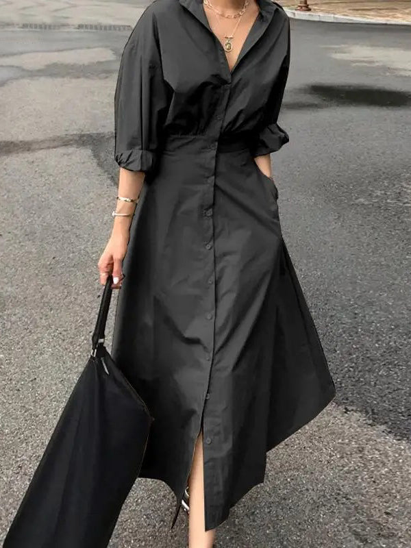 Loose Puff Sleeves Pleated Solid Color Split-Joint Lapel Maxi Dresses Shirt Dress