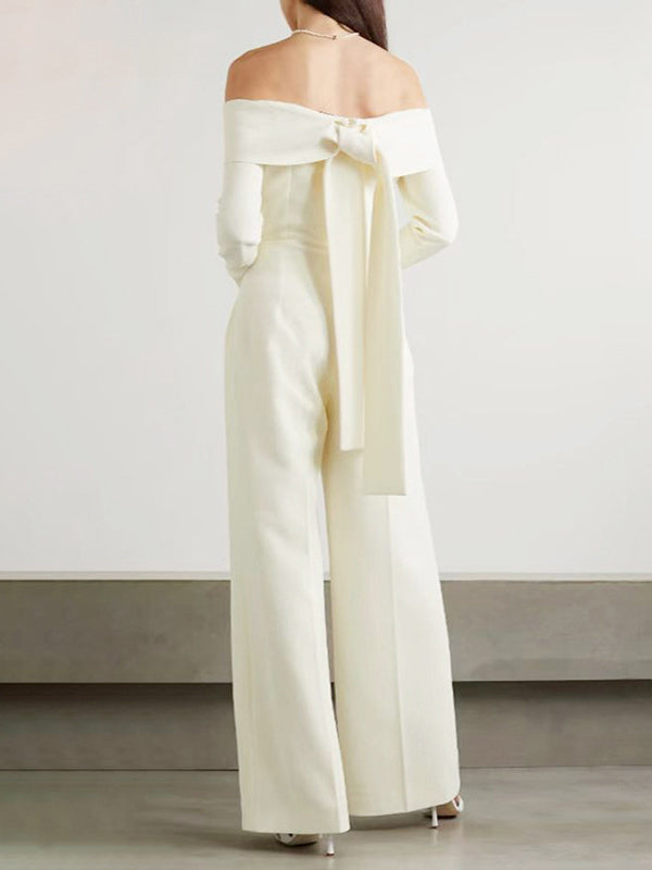 High Waisted Long Sleeves Pleated Solid Color Split-Joint Tied Off-The-Shoulder Jumpsuits