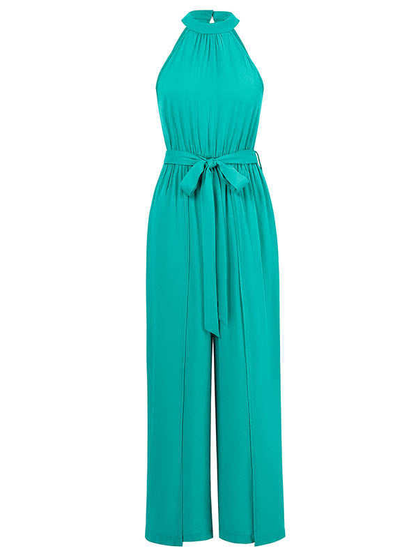 High Waisted Loose Pleated Solid Color Split-Front Tied Waist Halter-Neck Jumpsuits
