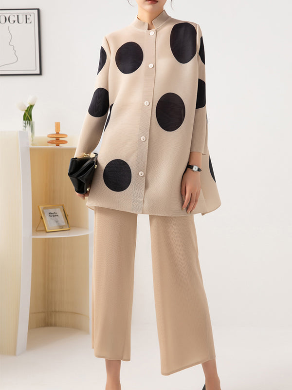 Long Sleeves Loose Pleated Polka Dot Stand Collar Top + Pants Bottomtwo Pieces Set