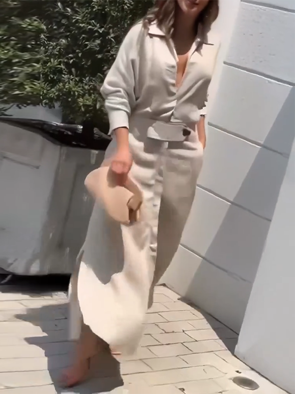 Long Sleeves Loose Split-Joint Split-Side V-Neck Maxi Dresses Shirt Dress