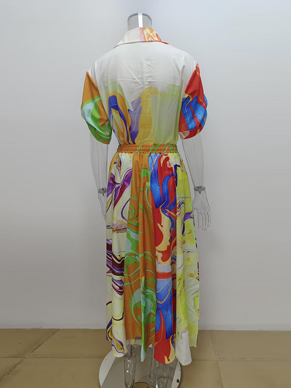 Loose Asymmetric Printed Lapel Blouse + A-Line Drawstring Elasticity Skirt Two Pieces Set