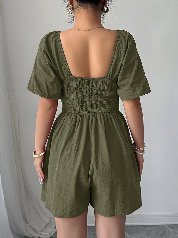 A-Line Half Sleeves Elasticity Pleated Solid Color Square-Neck Rompers