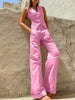Loose Solid Color Split-Joint V-Neck Top+ Pleated High Waisted Vest Top + Pants Bottom Two Pieces Set