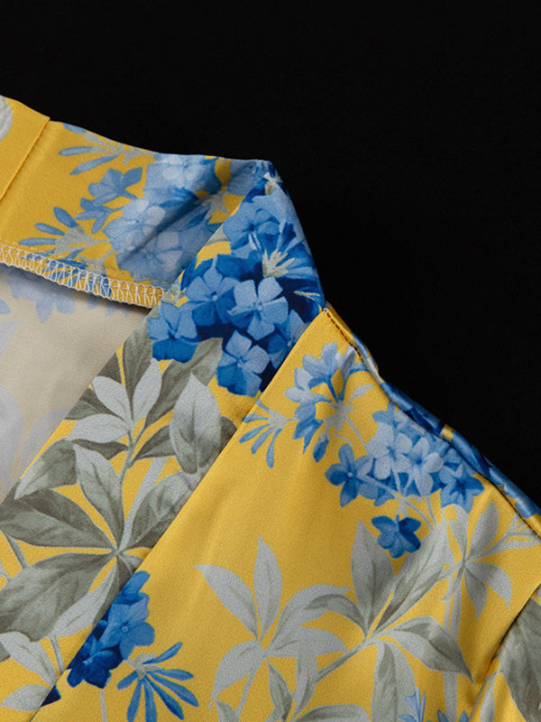 Loose Printed Split-Joint Deep V-Neck Lace-Up Blouse + Drawstring Elasticity Pants Trousers Two Pieces Set