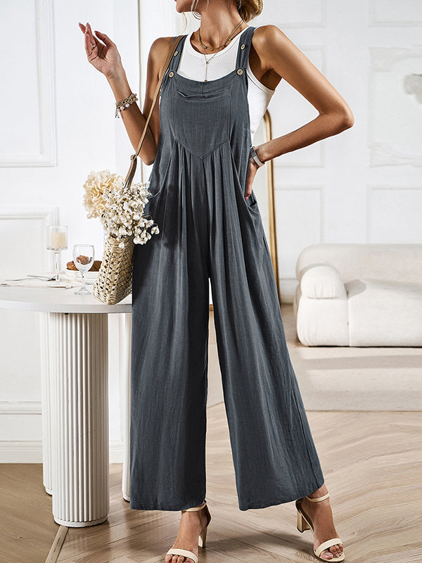 Loose Sleeveless Pleated Pockets Split-Joint Spaghetti-Neck Overalls