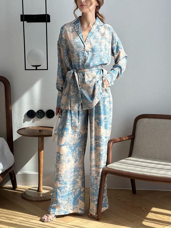Long Sleeves Buttoned Printed Tied Waist Notched Collar Shirts Top + High Waisted Pants Bottom Two Pieces Set