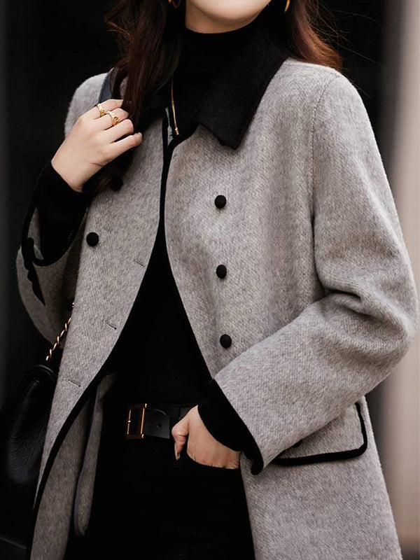 Long Sleeves Loose Buttoned Pockets Split-Joint Lapel Woolen Coat
