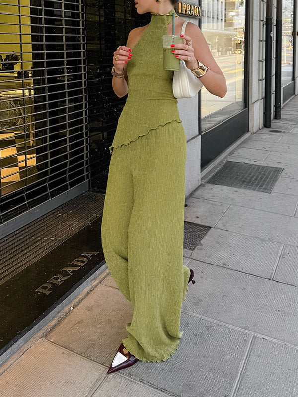 Solid Color Pleated Sleeveless Asymmetric High Neck Vest + Wide Leg Pants Two Pieces Set