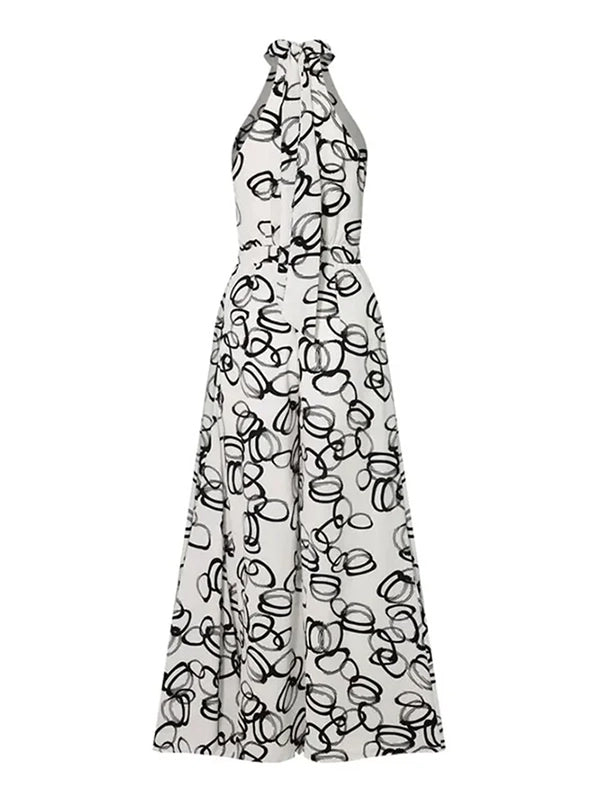 High Waisted Loose Contrast Color No Belt Tied Halter-Neck Jumpsuits