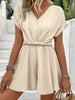 Loose Raglan Sleeve Pleated Solid Color Split-Joint V-Neck Rompers