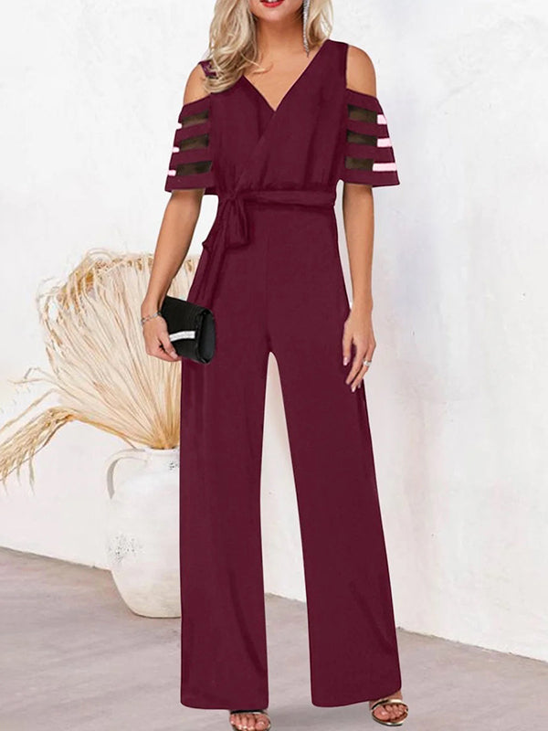 High Waisted Loose Hollow Mesh Solid Color Tied Waist V-Neck Jumpsuits
