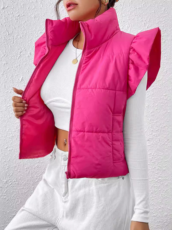 Flared Sleeves Pleated Solid Color Split-Joint High Neck Padded Vest