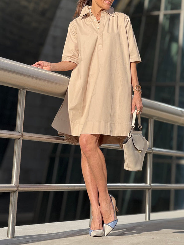 A-Line Short Sleeves Solid Color Split-Joint Lapel Mini Dresses Shirt Dress