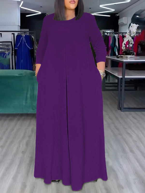 Loose Wide Leg Pockets Solid Color Round-Neck Jumpsuits