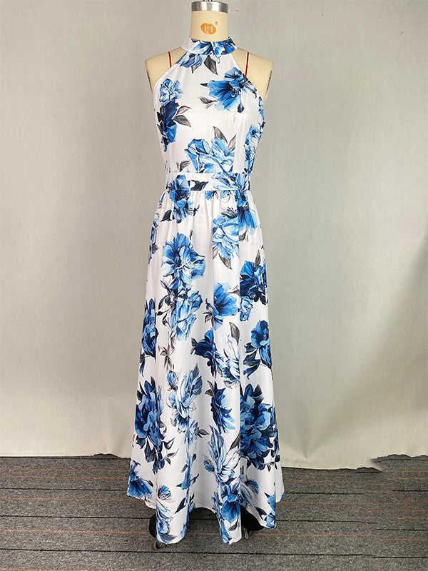 A-Line High Waisted Contrast Color Flower Print Pleated Halter-Neck Maxi Dresses