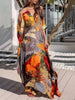 Batwing Sleeves Loose Gauze Printed Split-Joint V-Neck Maxi Dresses