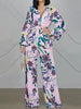 High Waisted Long Sleeves Flower Print Tied Waist V-Neck Shirts Top + Pants Bottom Two Pieces Set
