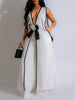Sleeveless Contrast Color Split-Joint V-Neck Top + Wide Leg Pants Trousers Two Pieces Set