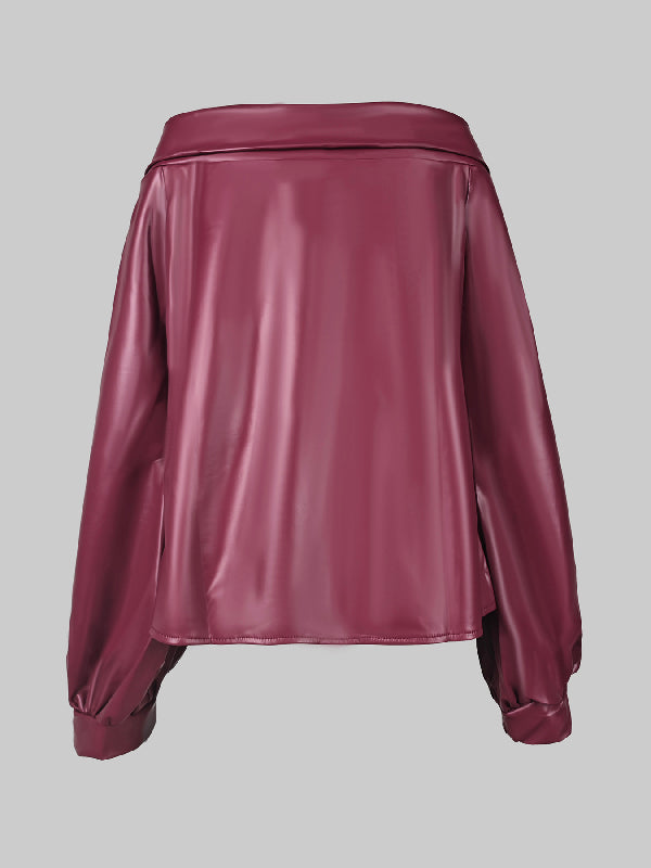 Long Sleeves Puff Sleeves Asymmetric Knot Solid Color Off-The-Shoulder Shirts Top + Pants Bottom Two Pieces Set