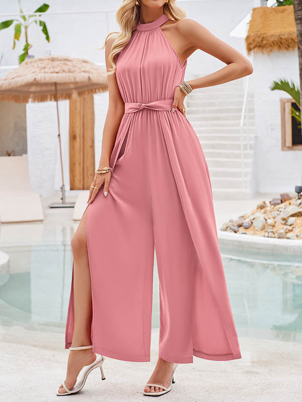 High Waisted Loose Pleated Solid Color Split-Front Tied Waist Halter-Neck Jumpsuits