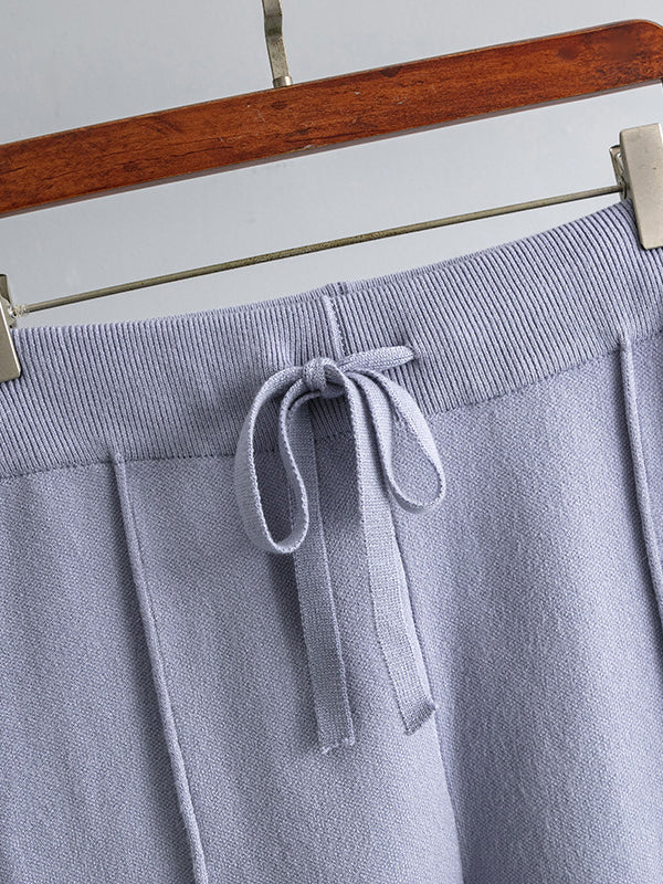 Casual Long Sleeves Loose Solid Color Round-Neck Sweater Tops & Wide Leg Pants Two Pieces Set