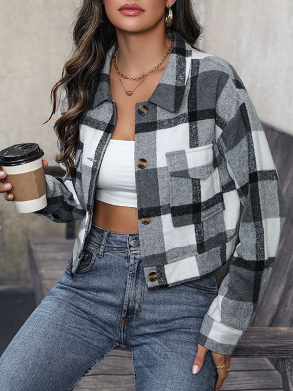 Long Sleeves Loose Buttoned Plaid Pockets Split-Joint Lapel Jackets Outerwear