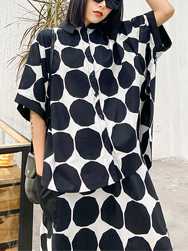 Batwing Sleeves Buttoned Polka-Dot Round-Neck Shirts Top + Elasticity Pockets Harem Pants Pants Bottom Two Pieces Set