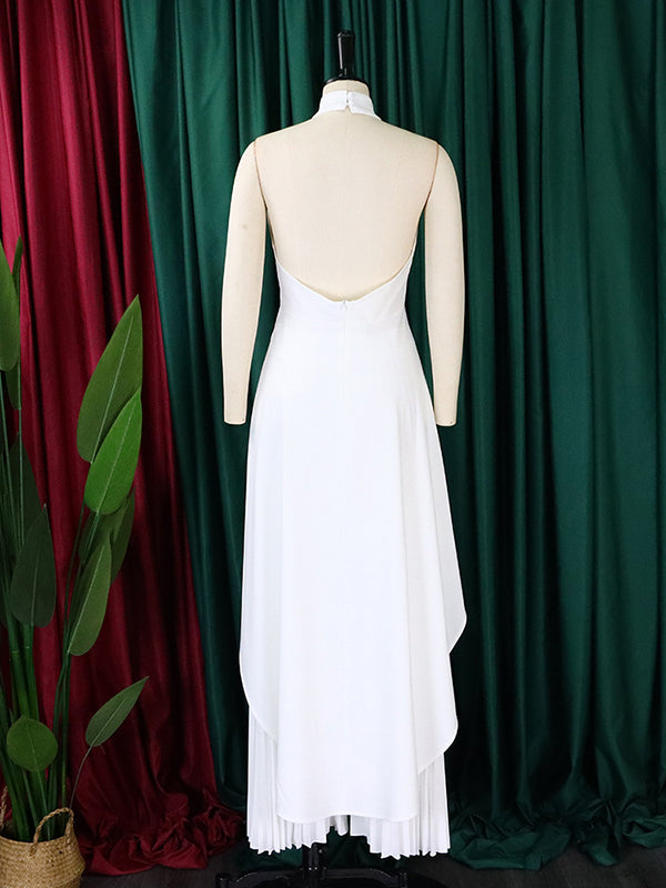 Loose Backless Lacy Solid Color Halter-Neck Vest Top + High-Low Pants Bottom Two Pieces Set