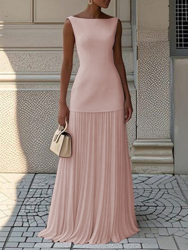 Sleeveless Gauze Pleated Solid Color Split-Joint Boat Neck Evening Dresses Maxi Dresses