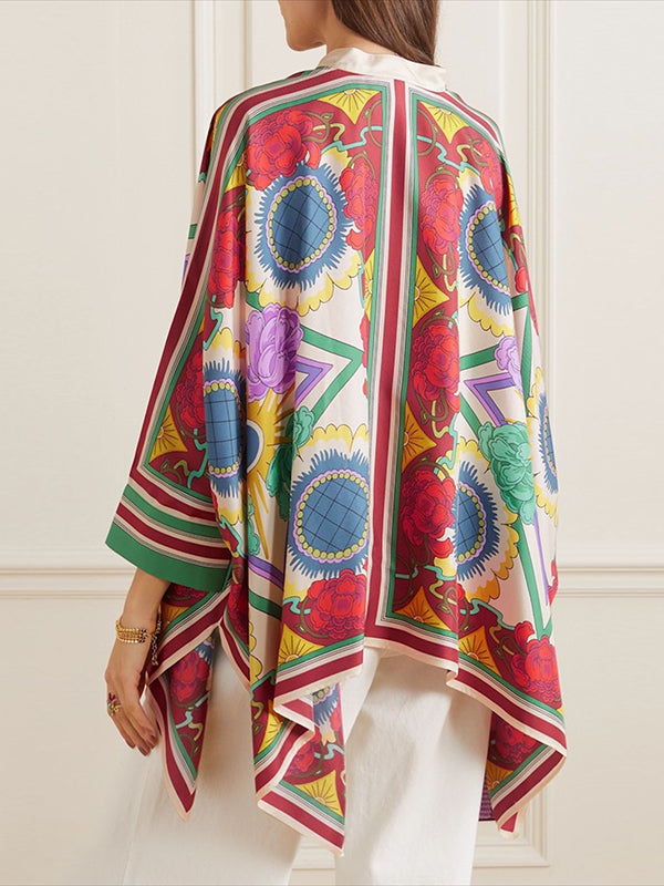 Batwing Sleeves High-low Buttoned Flower Print Stand Collar Blouses&shirts Tops