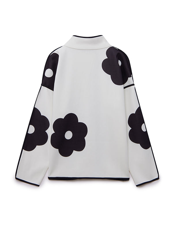 Long Sleeves Loose Contrast Color Flower Print Split-Joint Stand Collar Jackets Outerwear