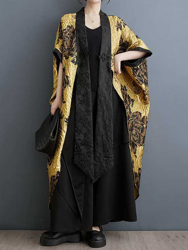 Batwing Sleeves Loose Flower-Embellished Chinese Frog Buttons Pleated Split-Joint V-Neck Outerwear