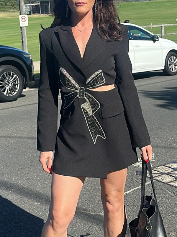 Long Sleeves Hollow Rhine Stones Notched Collar Blazer Outerwear