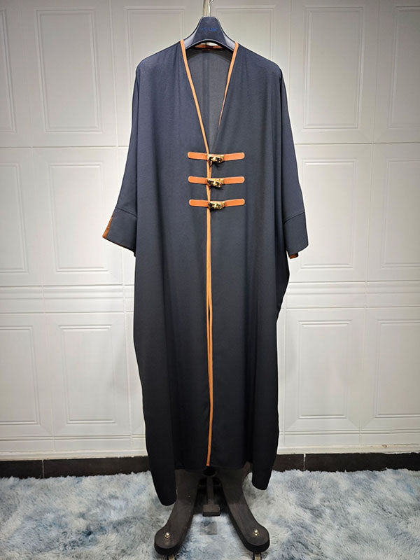 Loose Contrast Color Muslim Split-Joint V-neck Cover-Ups Tops Muslim Abaya