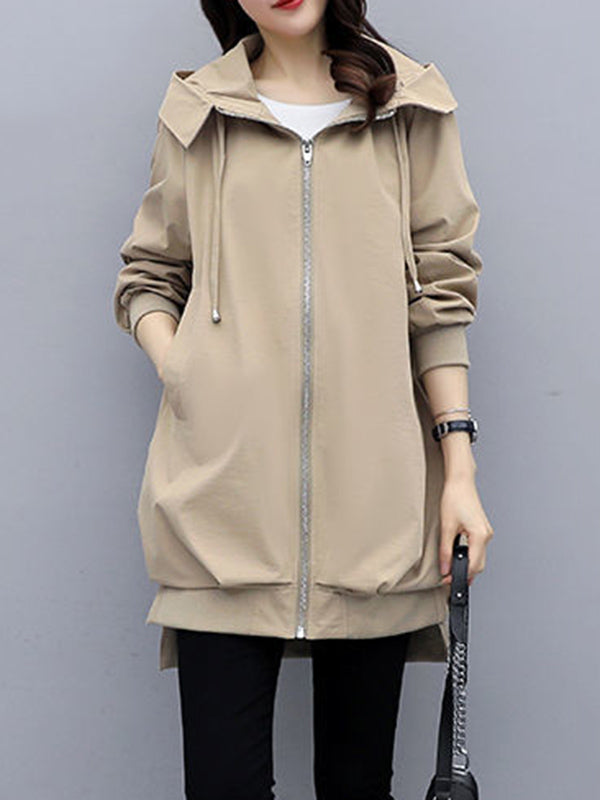 Casual Loose 4 Colors Pleated Zipper Hooded Long Sleeves Outwear
