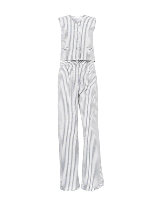 Loose Sleeveless Buttoned Striped V-Neck Vest Top + Pockets Pants Bottom Two Pieces Set