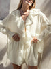 Long Sleeves Loose Ruffle Trim Solid Color Tied V-Neck Blouses&Shirts Tops + Elasticity Shorts Bottom Two Pieces Set