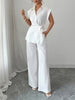 Short Sleeves Buttoned Solid Color Tied Lapel T-Shirt Top + Pockets Pants Bottom Two Pieces Set
