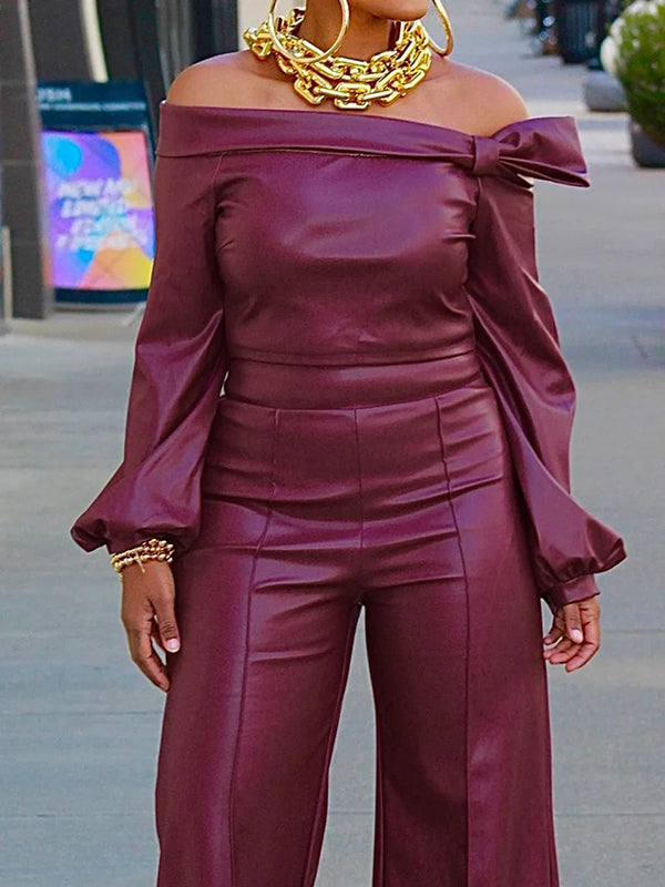 Long Sleeves Puff Sleeves Asymmetric Knot Solid Color Off-The-Shoulder Shirts Top + Pants Bottom Two Pieces Set