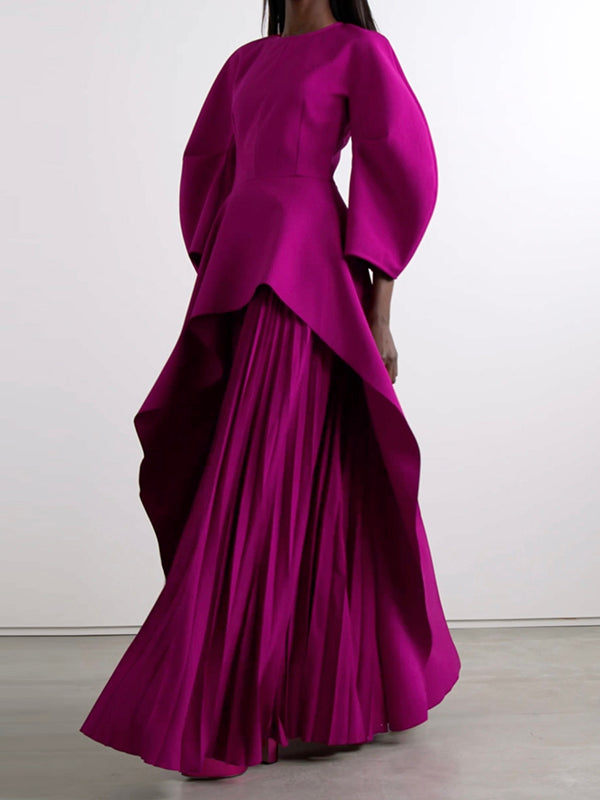 Long Sleeves Loose Pleated Solid Color Split-Joint Tiered Round-Neck Maxi Dresses