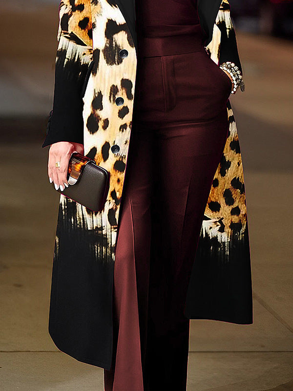 Long Sleeves Loose Leopard Split-Joint Lapel Woolen Coat