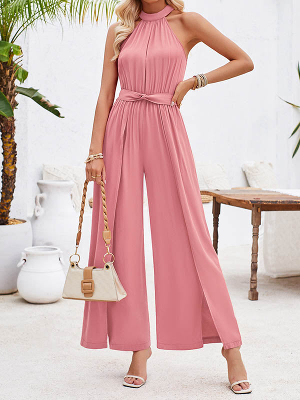 High Waisted Loose Pleated Solid Color Split-Front Tied Waist Halter-Neck Jumpsuits