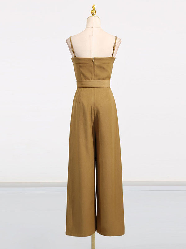 High Waisted Sleeveless Belted Solid Color Spaghetti-Neck Jumpsuits