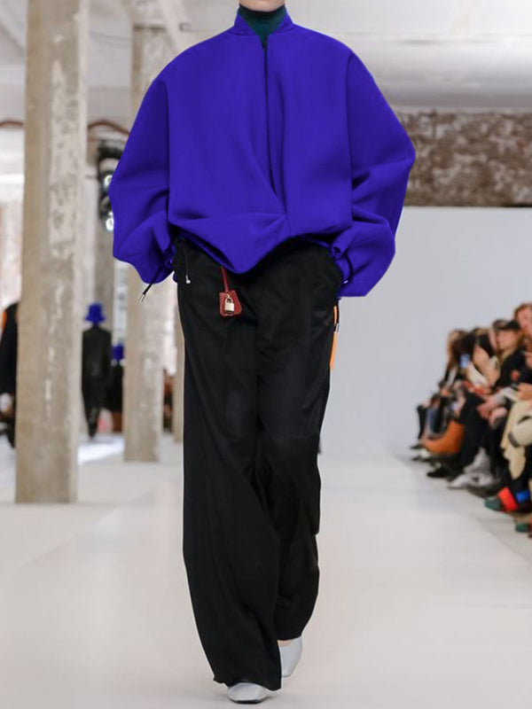 Loose Puff Sleeves Asymmetric Split-Joint Zipper Stand Collar Outerwear